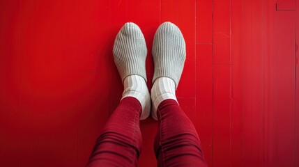 Blonde woman Legs with charming white socks on red divider. Moderation elegant winter set