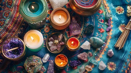 An assortment of meditation tools including incense, candles, and crystals spread out on a meditation mat