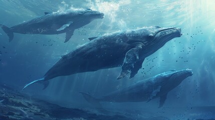 Obraz premium Whales swim majestically through the ocean, their massive bodies and gentle movements creating a powerful and serene image of the deep blue sea