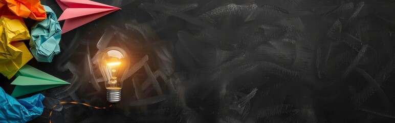 Innovative education concept image showing a light bulb over a blackboard.