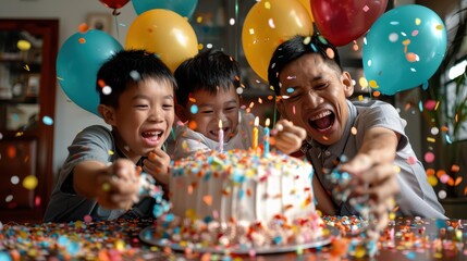 Joyful family celebrating a birthday with colorful confetti and balloons, sharing a cheerful moment around a decorated cake with candles.