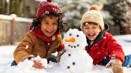 Two children, dressed in winter gear, are enthusiastically creating a snowman on a snowy ground, capturing the spirit of a winter activity filled with fun and creativity.