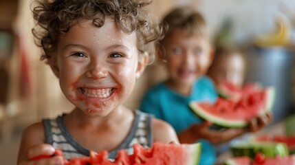 Youngsters are seen happily munching on watermelon slices indoors, radiating warmth and enjoyment as they share a wholesome, healthy snack together.