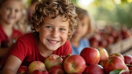 Kids are gathered around a table filled with fresh apples in a beautiful outdoor setting, embodying the themes of nature, exploration, and the simple joys of childhood.