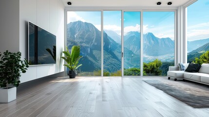 Fototapeta premium Modern living room with large windows showcasing breathtaking mountain view, featuring contemporary furniture and sleek wooden flooring.