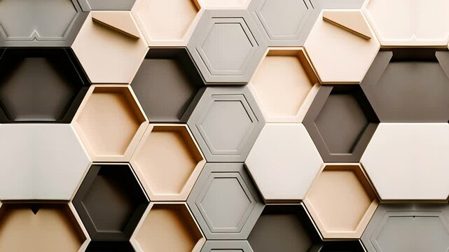 Contemporary hexagonal wall tiles in neutral tones creating astylish geometric pattern ideal for interior design and architectural inspiration