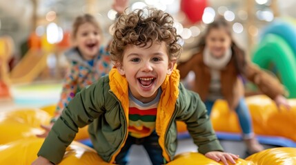 A group of young children is seen having fun playing on inflatable equipment in an indoor playground, showcasing their vibrant energy and enthusiasm for playful activities.