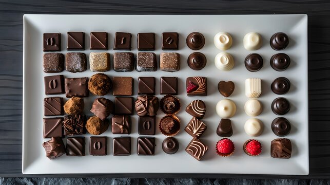 A selection of gourmet chocolates, truffles, and candies laid out on a dessert plate