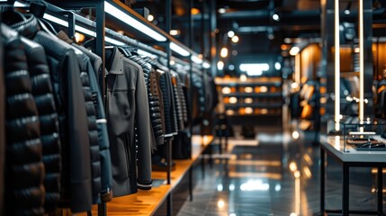 Naklejka premium Modern clothing store with stylish jackets on display racks, warm lighting, and a polished ambiance for a premium shopping experience.
