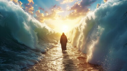 A person walking through a parted sea under a dramatic sunset sky