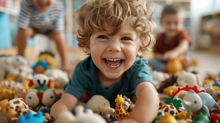 Fototapeta premium A small child enjoys playing with a variety of colorful animal toys scattered around an indoor space. The child’s focus and enthusiasm are evident in their interaction.