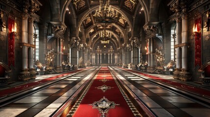 Fototapeta premium Opulent medieval palace interior with grand chandeliers, intricate details, red carpet, and atmospheric lighting.
