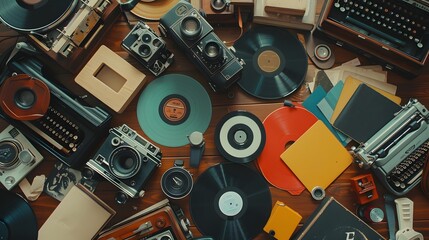 Fototapeta premium A collection of vintage items such as old cameras, vinyl records, and typewriters neatly arranged on a retro table