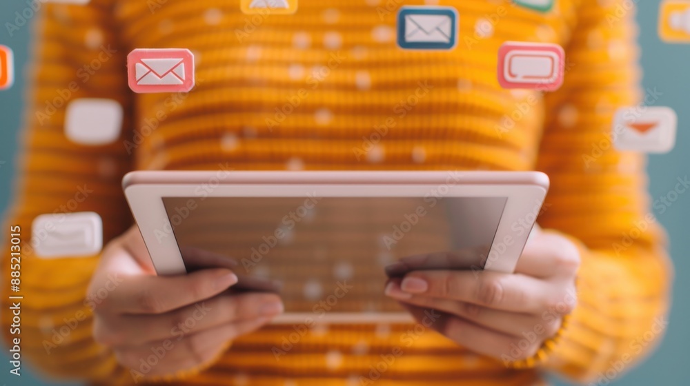 Poster person using a tablet to send a message, surrounded by floating icons, representing the spread of co