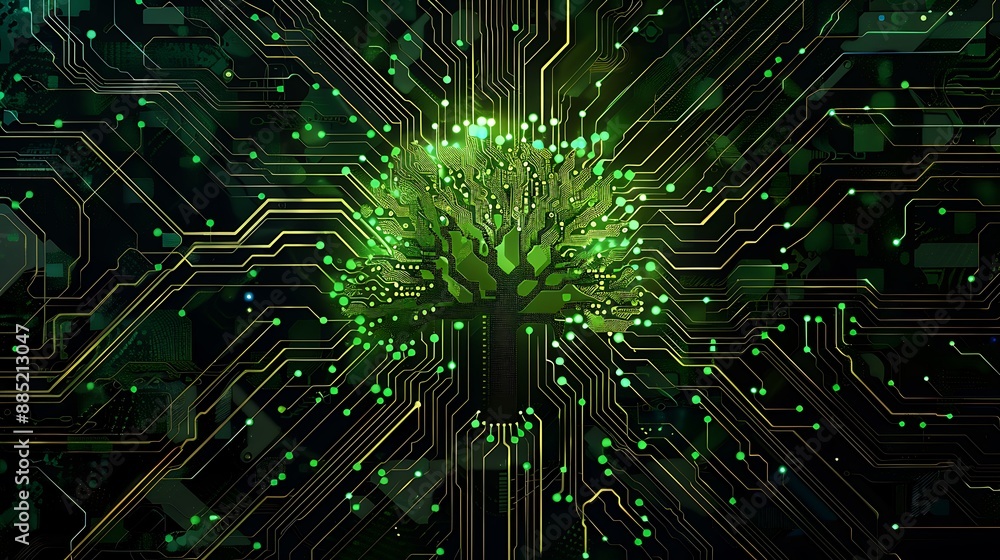Poster tree grows from the heart of a digital circuit board. ai generated