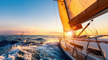 Sailboat navigating the sea during a stunning sunset, creating a beautiful scene with the warm colors reflecting on the water and sails.