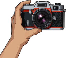 A Camera is held by hand. social media post World Photography Day with a realistic camera background.