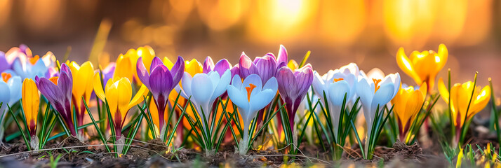 growing beautiful fresh colorful crocus flowers background