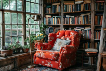 A cozy reading nook with a vintage armchair, floor lamp, and a wooden bookshelf filled with classic literature.