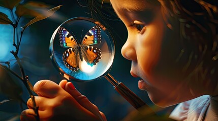 Naklejka premium Smiling child looking at butterfly through magnifying glass.nature