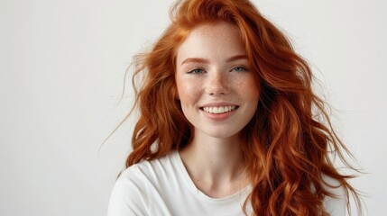 Fototapeta premium Portrait of a smiling young woman with long red hair and freckles, looking at the camera, wearing a white shirt against a light background.