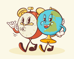 Groovy Back to School Retro Characters. Cartoon Alarm Clock and Globe. Vector Education Mascots Template. Happy Vintage Cool Learning Personage Illustration Isolated