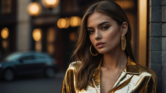 young beautiful gold theme woman model posing for urban style clothing pictorial portrait photoshoot
