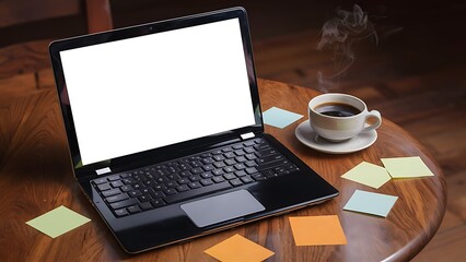 Desk Laptop with blank screen on table of coffee