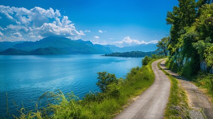 The road curves towards the lake on a clear day. To the left there is a long blue sea. Contrast this with tranquil lakes and winding roads. This scene captures the beauty of the natural landscape.