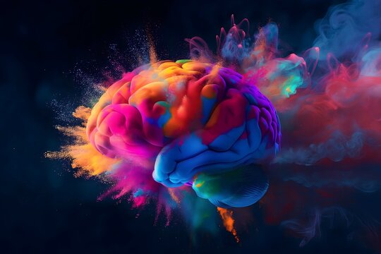 A brain exploding with creativity and rainbow colors. Abstract thoughts, overactive thinker. 