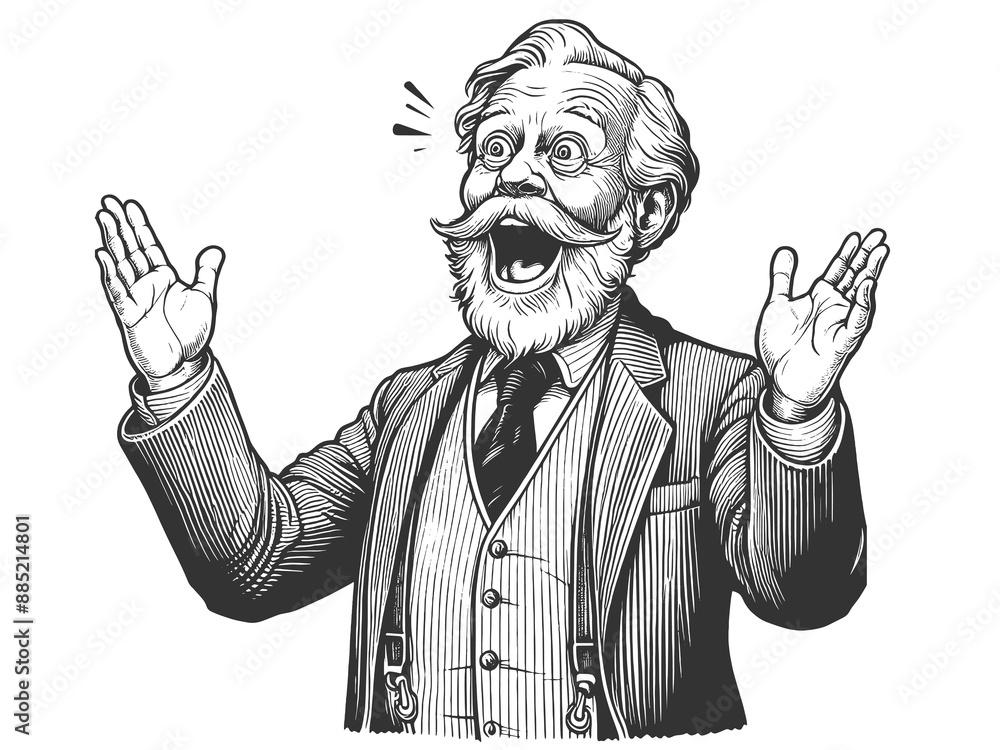 Poster surprised elderly man with a mustache and bow tie, astonished expression sketch engraving generative