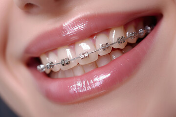Obraz premium Close Up of Smiling Woman Mouth with Metal Braces