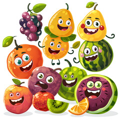 Fototapeta premium Cute Fruit Characters Illustration, Happy Faces, Healthy Eating Concept