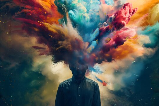 Man with an explosion of colorful ideas emerging from his creative brain. Abstract thoughts. Rainbow colors.