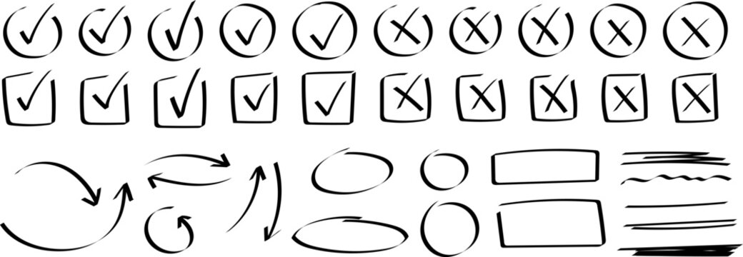 Set of marker lines, check mark with different circle arrows and underlines on transparent background. Hand drawn marker stripes. Scrawl texture underline effect. Vector EPS 10
