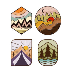 Outdoor adventure badges set. Camping adventure labels in retro flat style. Mountain logo graphics for t-shirt. Stock vector colorful artwork