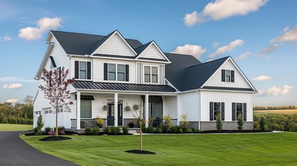 Fototapeta premium A modern, two-story house with black shutters and a large driveway, surrounded by a well-manicured lawn and landscaped garden under a blue sky with clouds.
