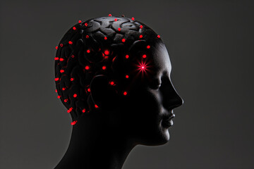 Obraz premium Silhouette of a head in black with tiny red dots around, indicating stress or headache, minimalistic.