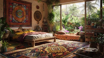 A bohemian bedroom with a tapestry above the bed, colorful rugs, eclectic furniture, and a large window looking out onto a lush garden.