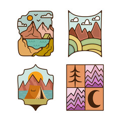 Outdoor adventure badges set. Camping adventure labels in retro flat style. Mountain logo graphics for t-shirt. Stock vector colorful artworks