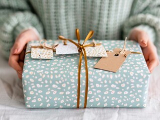 Woman wrapping gifts with customized tags and ribbons, gift wrapping, personalized touch. have copy space for text, focus cover all object, deep dept of field