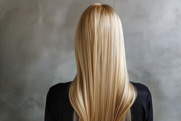 Naklejka premium Back view of woman with long blonde shiny hair on grey background. Concept: beauty eco product design, haircare, hair coloring techniques, dyeing, woman's health