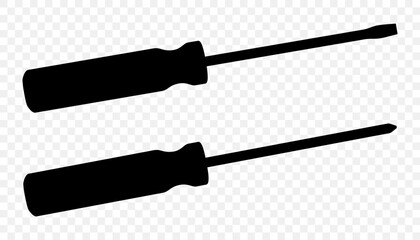 Flat head and Phillips screwdriver isolated on transparent background. Long screwdrivers. Metal tool for Home Repairs and Mechanical Work. Black silhouette icon, vector illustration.