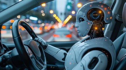 Fototapeta premium Futuristic Robot Operating Autonomous Car at Night in Urban Area