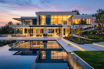 Obraz premium A stunning exterior view of a luxurious modern mansion with clean lines and large glass panels, an infinity pool that seamlessly merges with the horizon, meticulously landscaped gardens.