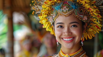 Portrait of an Indonesian woman wearing traditional Balinese cultural clothing dress with lots of gold ornaments or props. Place for text. Ethnic traditional costume