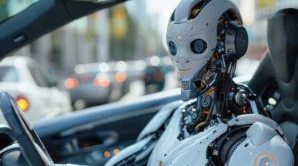 Fototapeta premium AI Robot Controlling Driverless Car in Urban Traffic Scene