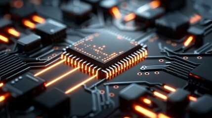 Clean and minimalist graphic of a digital circuit board with glowing lines, symbolizing high-tech innovation and technological advancement. Illustration, Image, , Minimalism,
