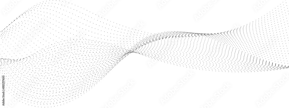 Poster flowing wave dot particles halftone pattern black gradient curve shape isolated on transparent backg