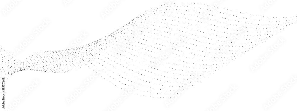 Poster flowing wave dot particles halftone pattern black gradient curve shape isolated on transparent backg